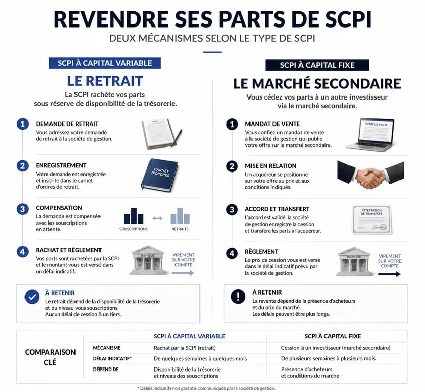Processus de revente de parts de SCPI : étapes pour capital variable et capital fixe