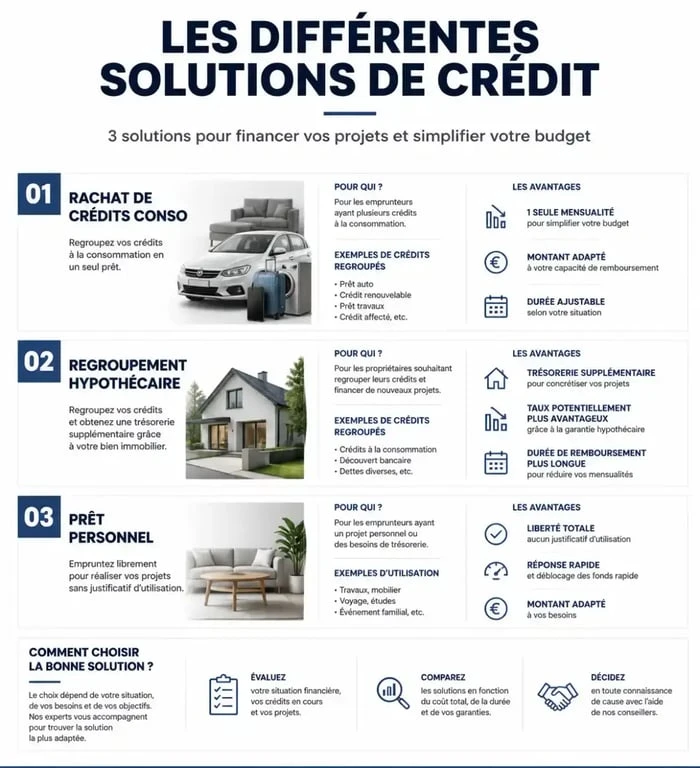Infographie comparative des solutions de crédit : rachat de crédits, regroupement hypothécaire et prêt personnel