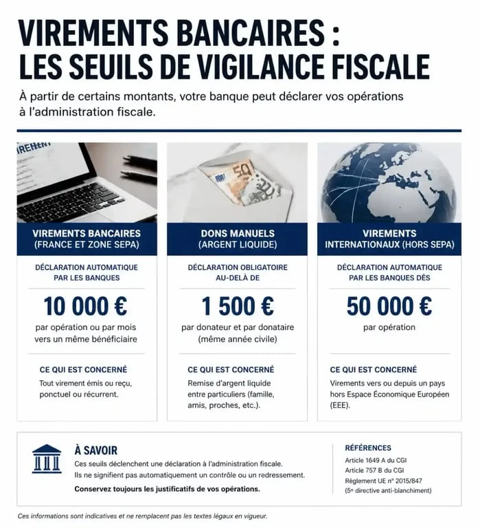 Infographie des seuils de vigilance et obligations pour un virement bancaire et contrôle fiscal