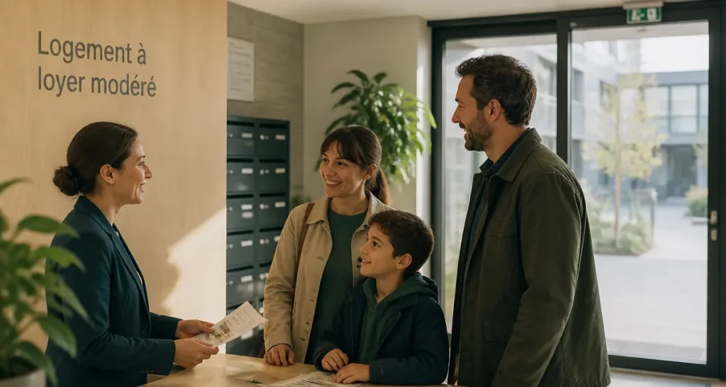 famille discutant avec agente accueil HLM loyer modéré