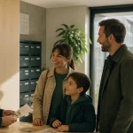 famille discutant avec agente accueil HLM loyer modéré