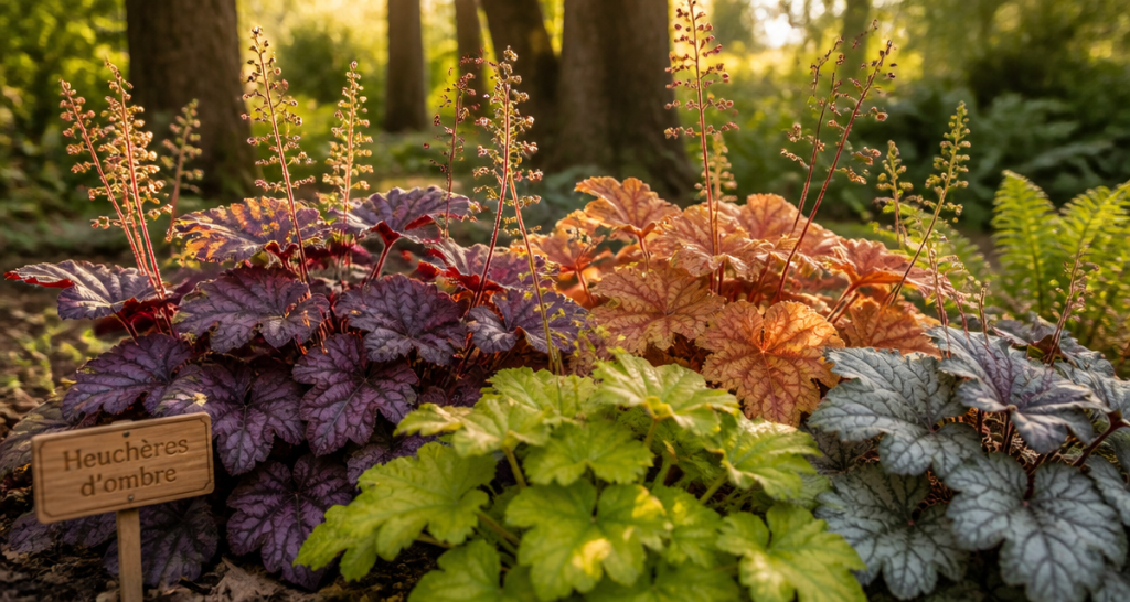 Les plus belles heuchères en massif coloré sous arbres
