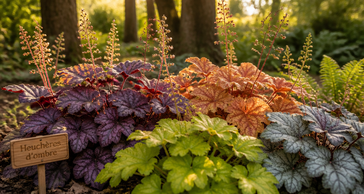 Les plus belles heuchères en massif coloré sous arbres