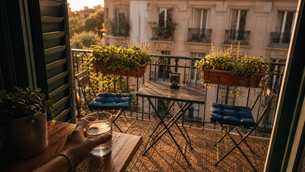 Amenager son balcon : table pliante et jardinières suspendues