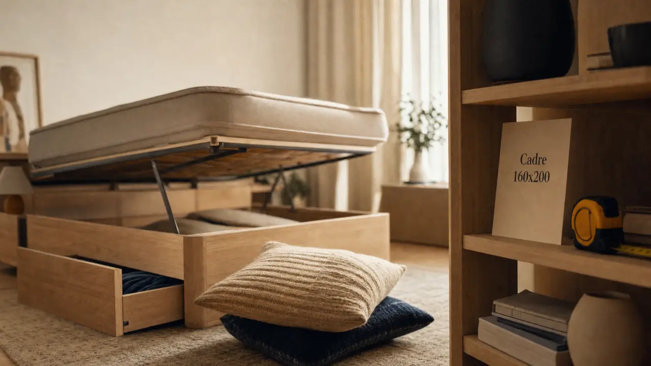 Cadre de lit avec rangement en bois clair 160x200