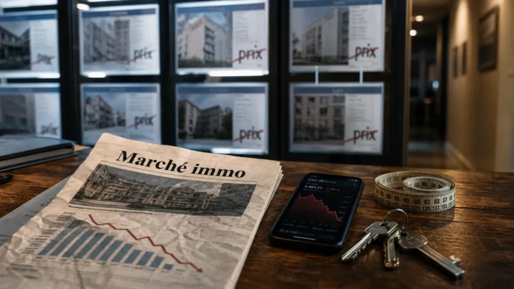 Chute immo : dossier marché immo et graphique baissier sur smartphone