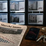 Chute immo : dossier marché immo et graphique baissier sur smartphone
