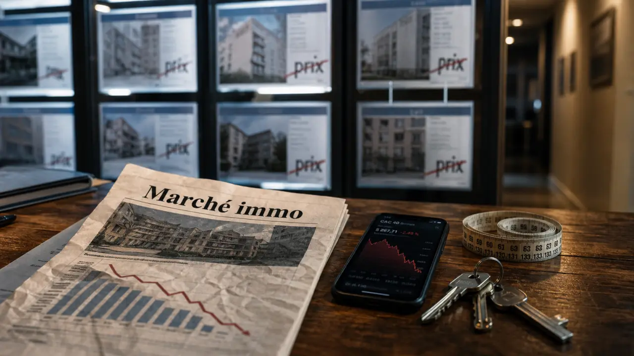 Chute immo : dossier marché immo et graphique baissier sur smartphone