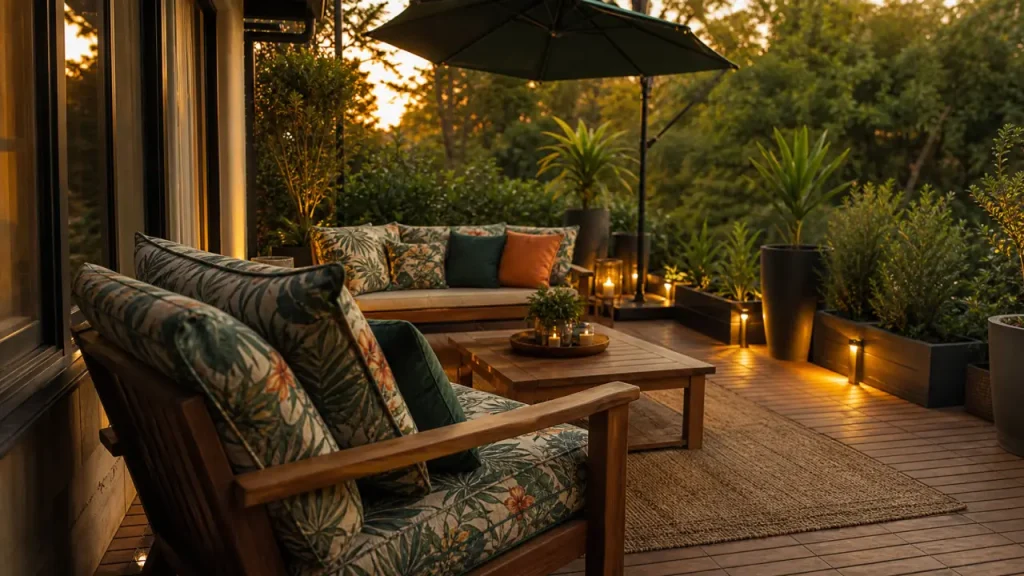Déco jardin extérieur sur terrasse en teck au golden hour