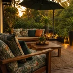 Déco jardin extérieur sur terrasse en teck au golden hour