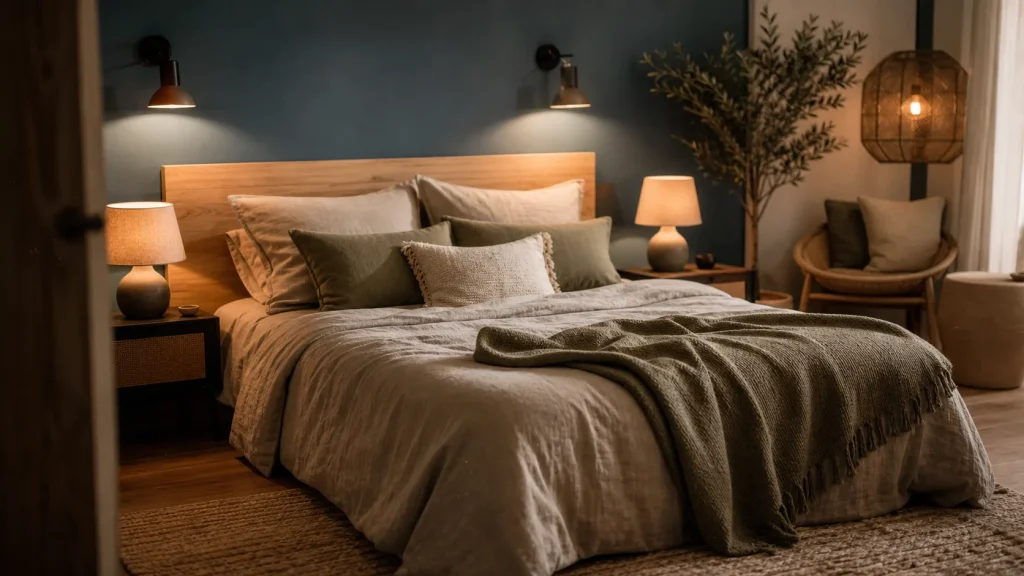 Décoration chambre adulte : chambre apaisante beige et bleu minéral, linge et bois clair