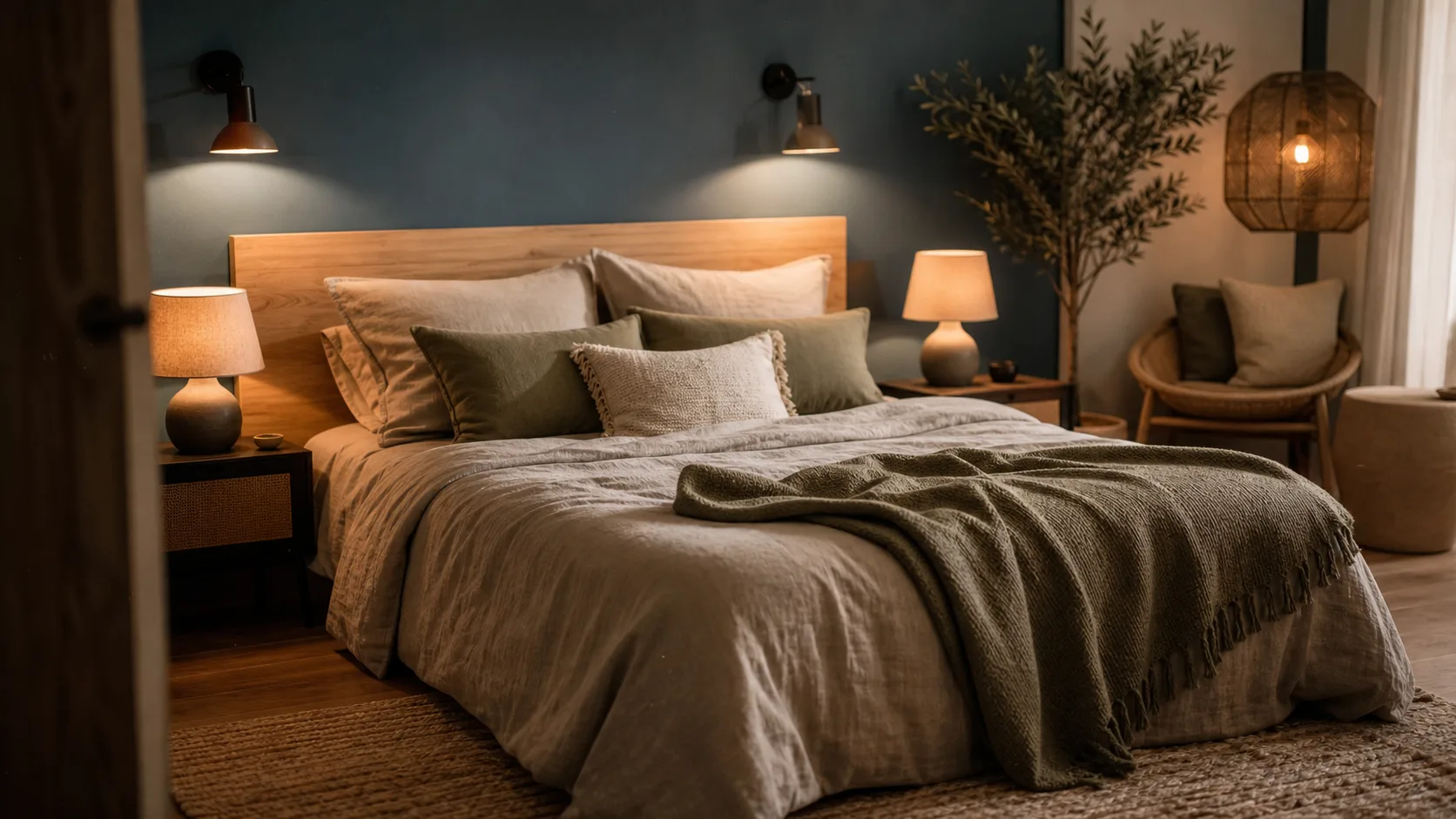 Décoration chambre adulte : chambre apaisante beige et bleu minéral, linge et bois clair