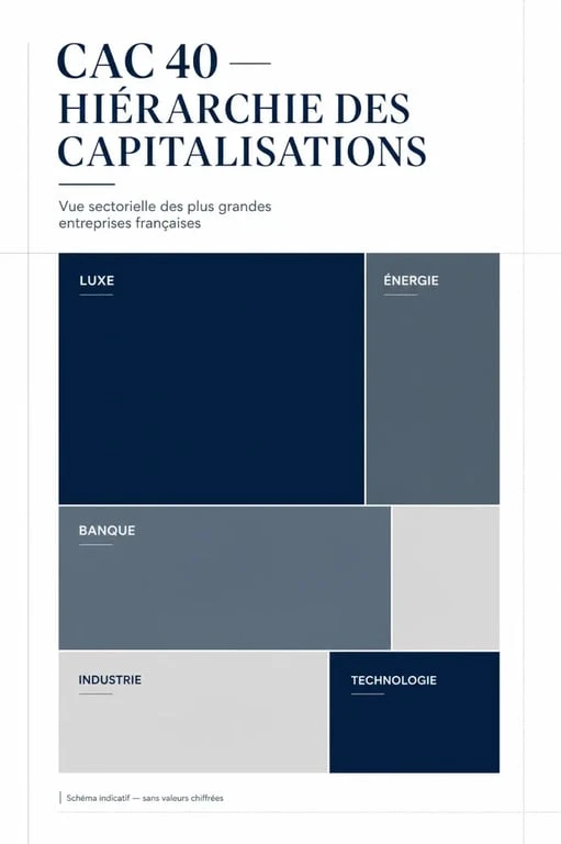 Infographie éditoriale du cac 40 entreprises classement montrant les plus grandes capitalisations françaises et la répartition sectorielle