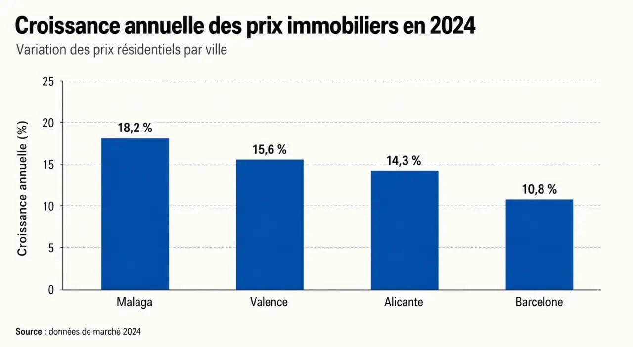 Graphique comparatif de la croissance des prix immobiliers par ville pour investir en immobilier en espagne