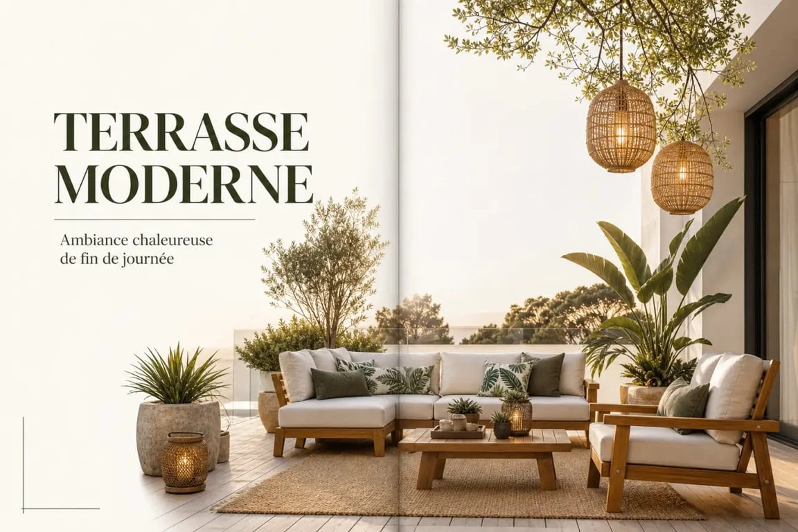 Aménagement et déco jardin extérieur avec salon de jardin, luminaires et plantes