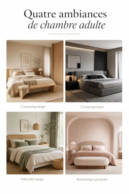 Décoration chambre adulte : quatre ambiances inspirantes pour une chambre cocooning, contemporaine, naturelle et romantique