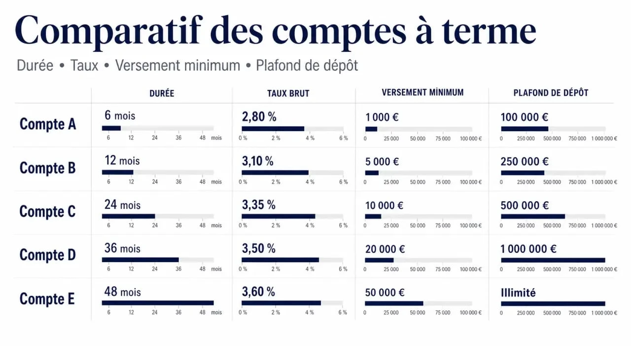 Comparatif du meilleur compte à terme avec taux, durée, versement minimum et plafond