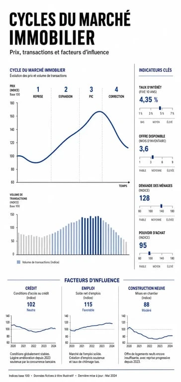 Graphique illustrant les cycles et les tendances du marché immobilier français pour anticiper une chute immo