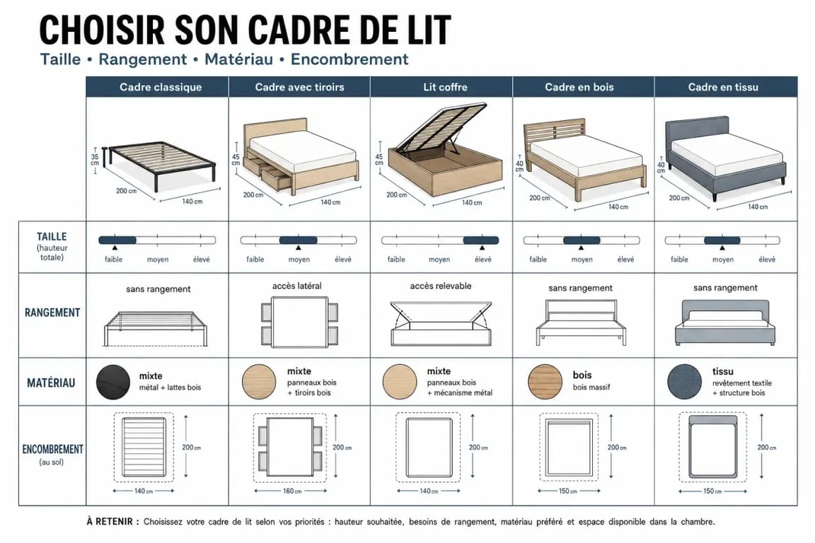 Cadre de lit : comparaison visuelle des tailles, matériaux et options de rangement