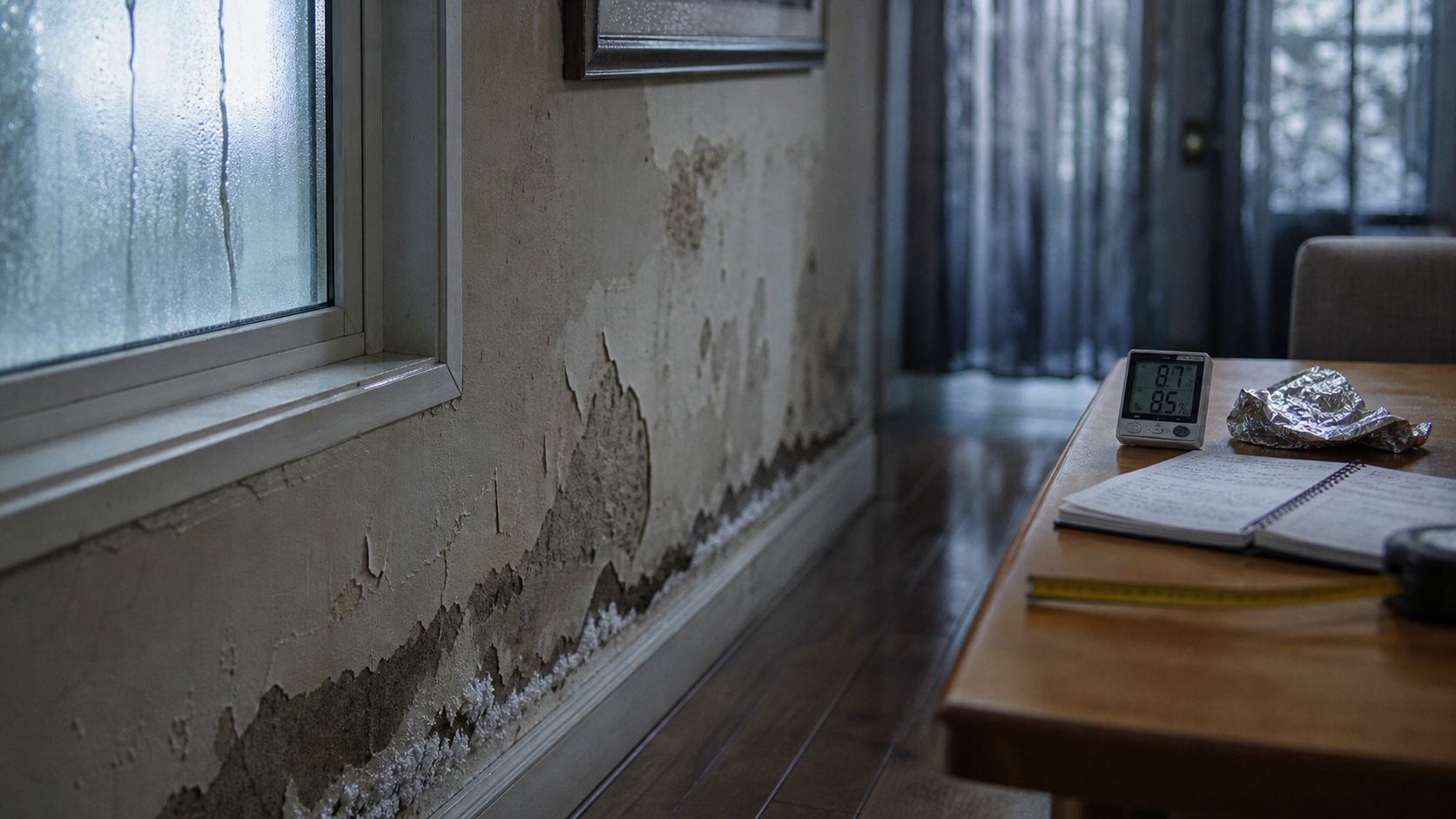 Humidité dans la maison : traces sombres et buée sur mur près des fenêtres