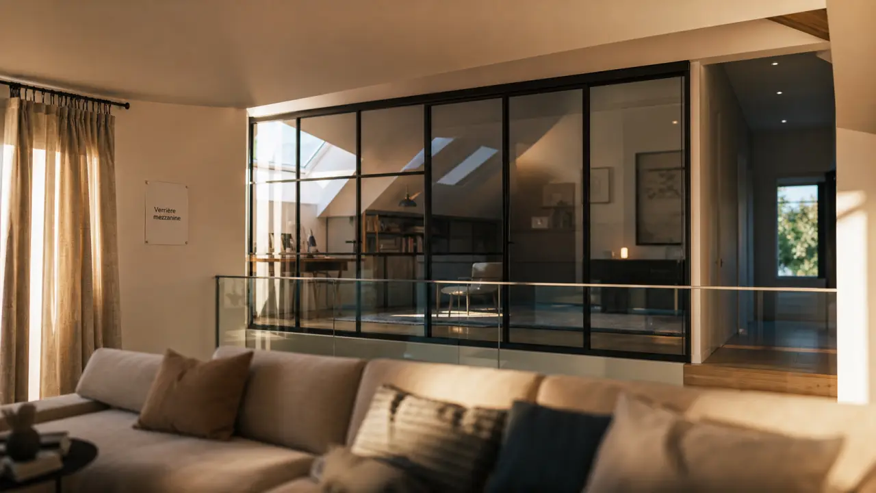 Mezzanine fermée avec verrière et porte coulissante vitrée, lumière naturelle