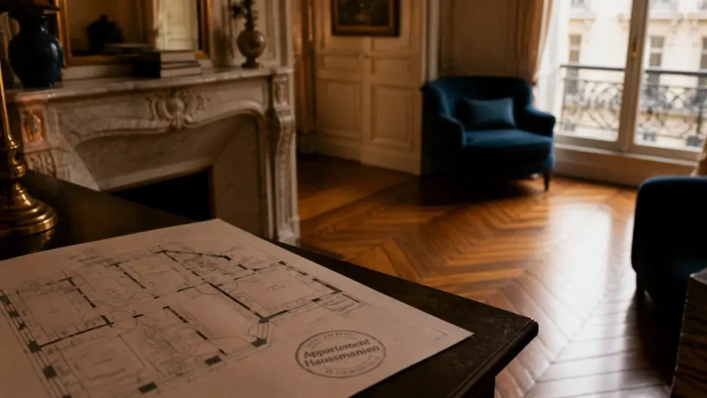 Acheter appartement haussmannien Paris : salon avec moulures et cheminée