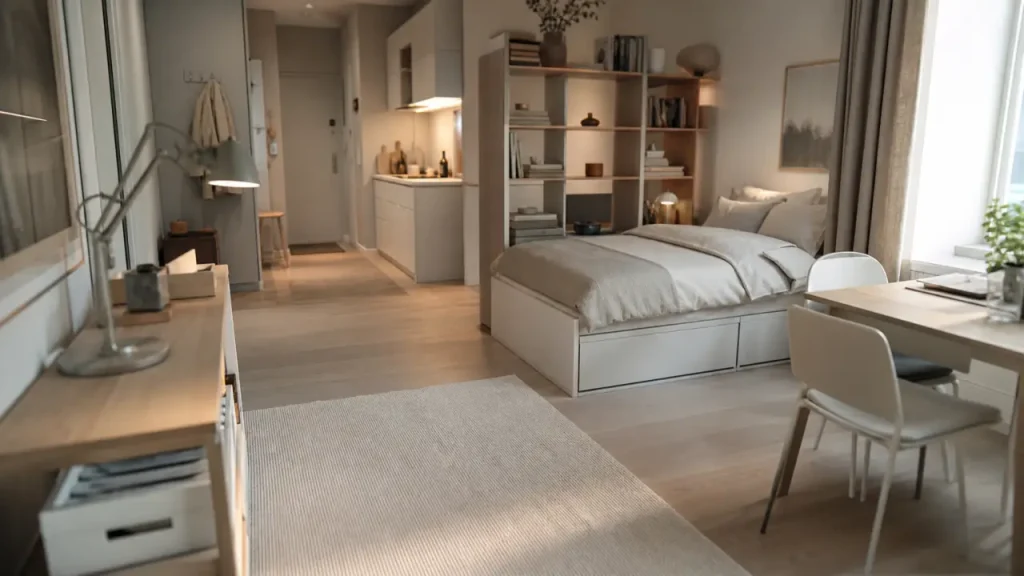 Aménagement studio 25m2 ikea : lit, rangement et coin repas