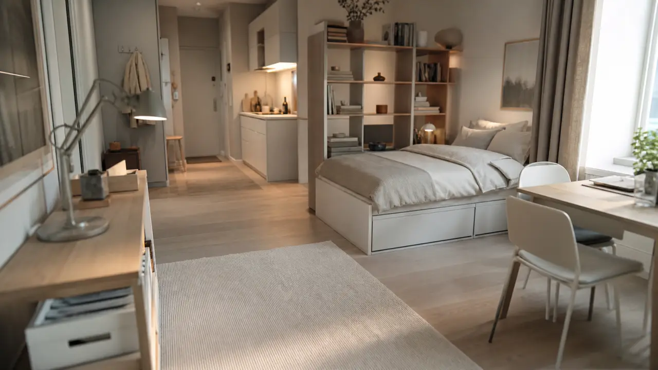 Aménagement studio 25m2 ikea : lit, rangement et coin repas