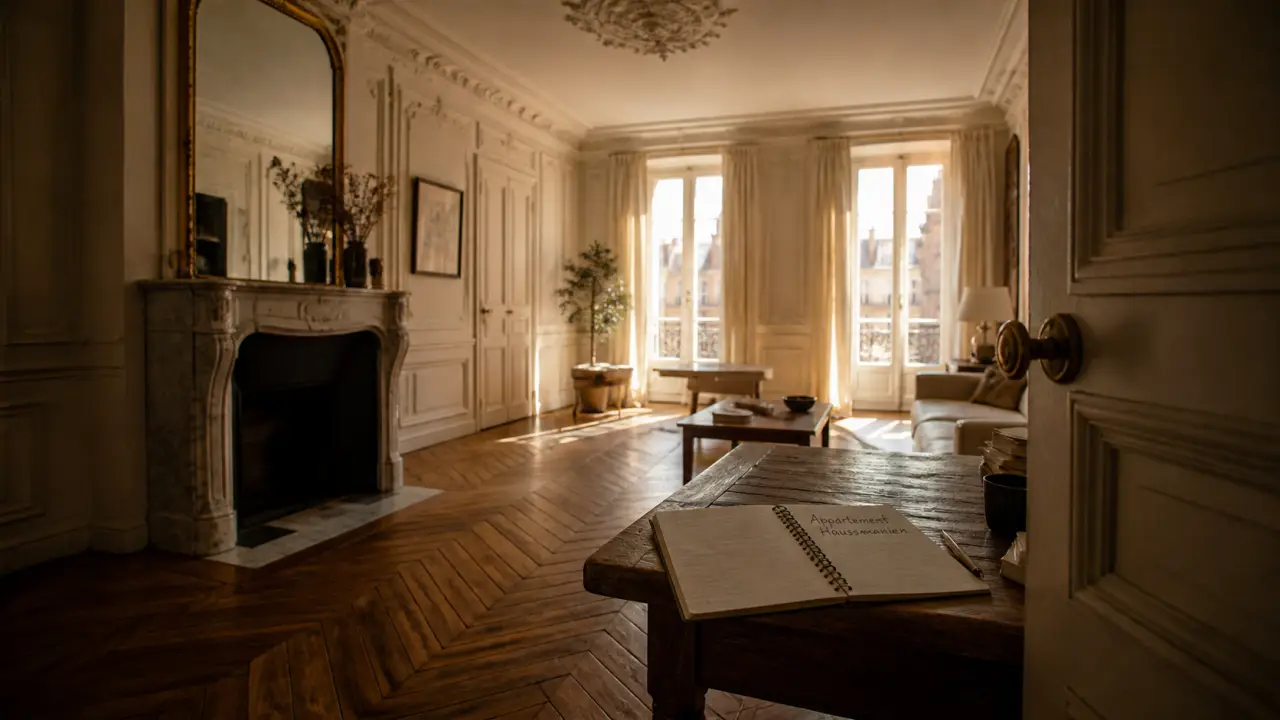 Photo d’un appartement haussmannien : parquet, moulures et cheminée en marbre