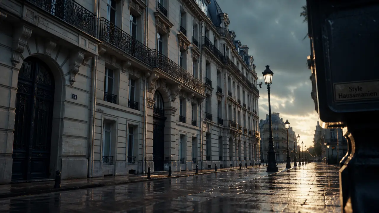 Bâtiment haussmannien : façade en pierre de taille, balcon filant et toit mansardé