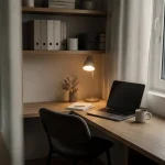 Bureau dans petit espace sous fenêtre, coin télétravail en studio