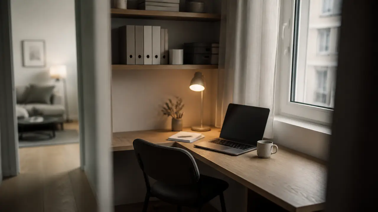 Bureau dans petit espace sous fenêtre, coin télétravail en studio