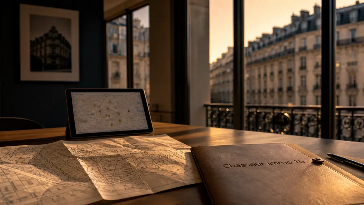 Chasseur immobilier Paris 16 dans une agence, carte de quartier et plan cadastral