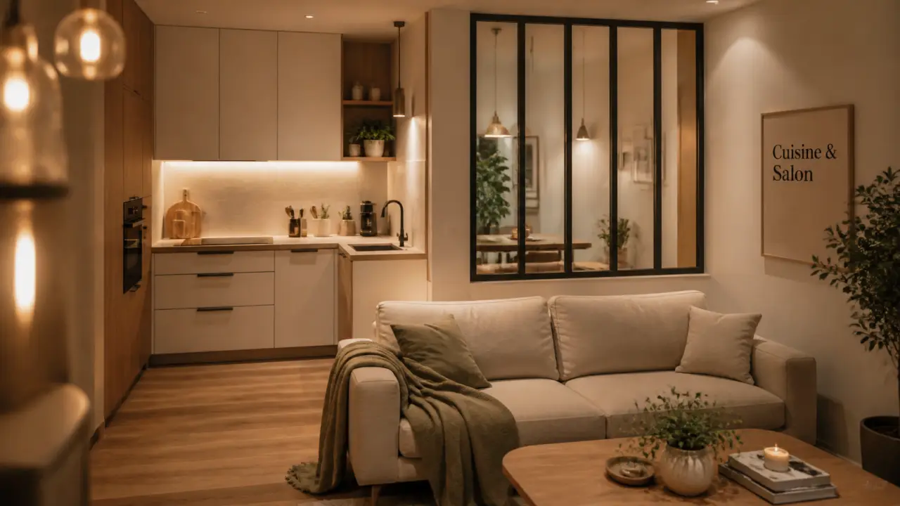 Cuisine ouverte sur salon 25m2, séparation sans cloisonner, lumière naturelle