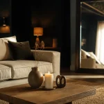 decoration interieur salon moderne beige avec miroir et plantes naturelles