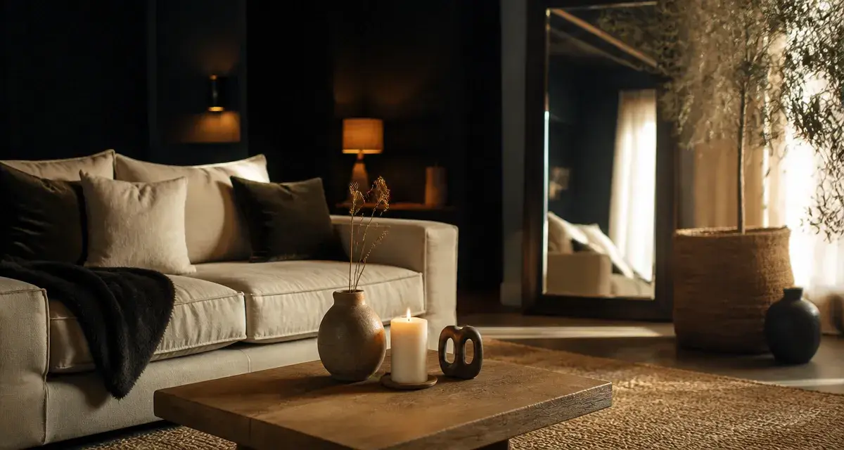 decoration interieur salon moderne beige avec miroir et plantes naturelles