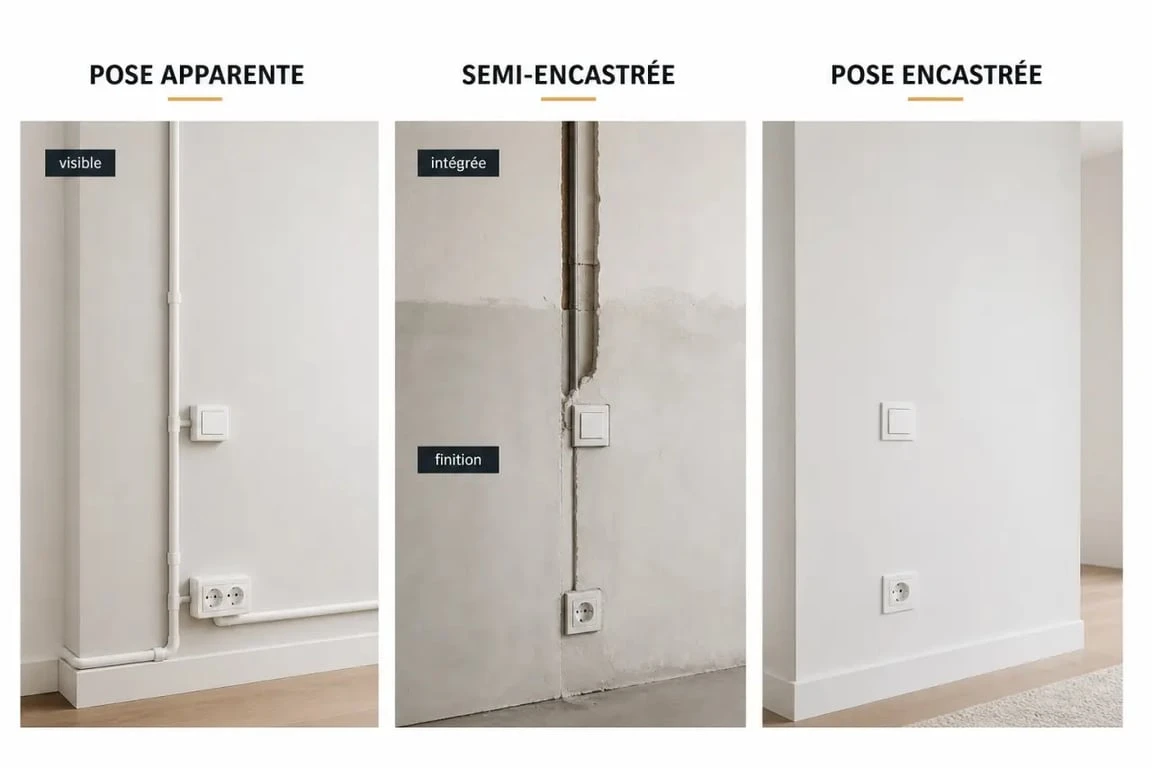 Rénovation electrique prix : comparaison visuelle des poses apparente, semi-encastrée et encastrée