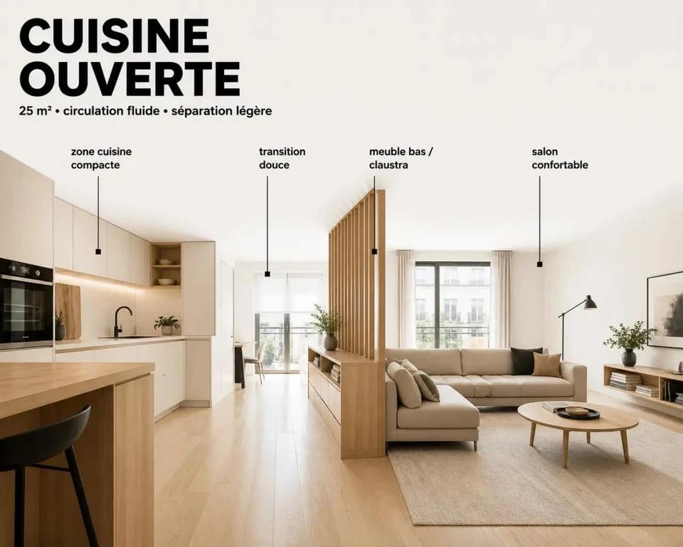 Cuisine ouverte sur salon 25m2 aménagée de façon compacte et lumineuse
