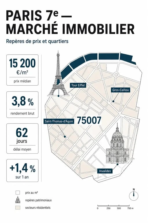 Chasseur immobilier Paris 7 : visualisation éditoriale du marché et des micro-zones du 75007