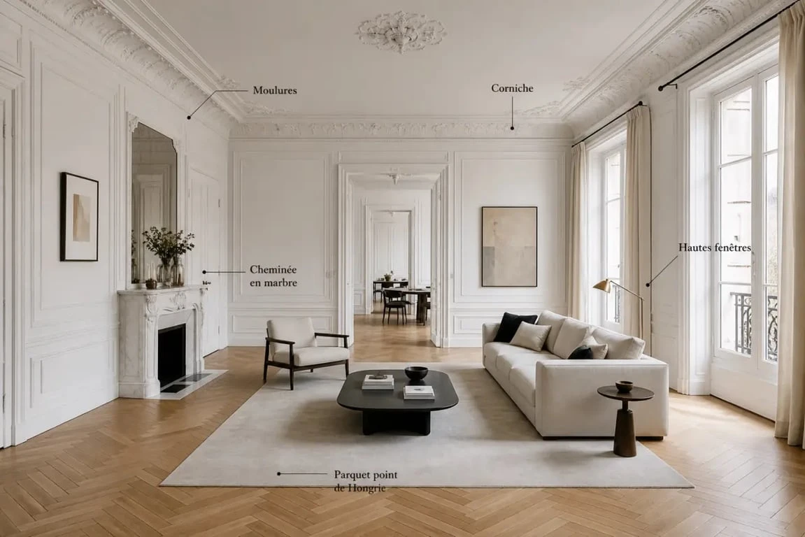 Appartement haussmannien avec parquet point de Hongrie, moulures et cheminée