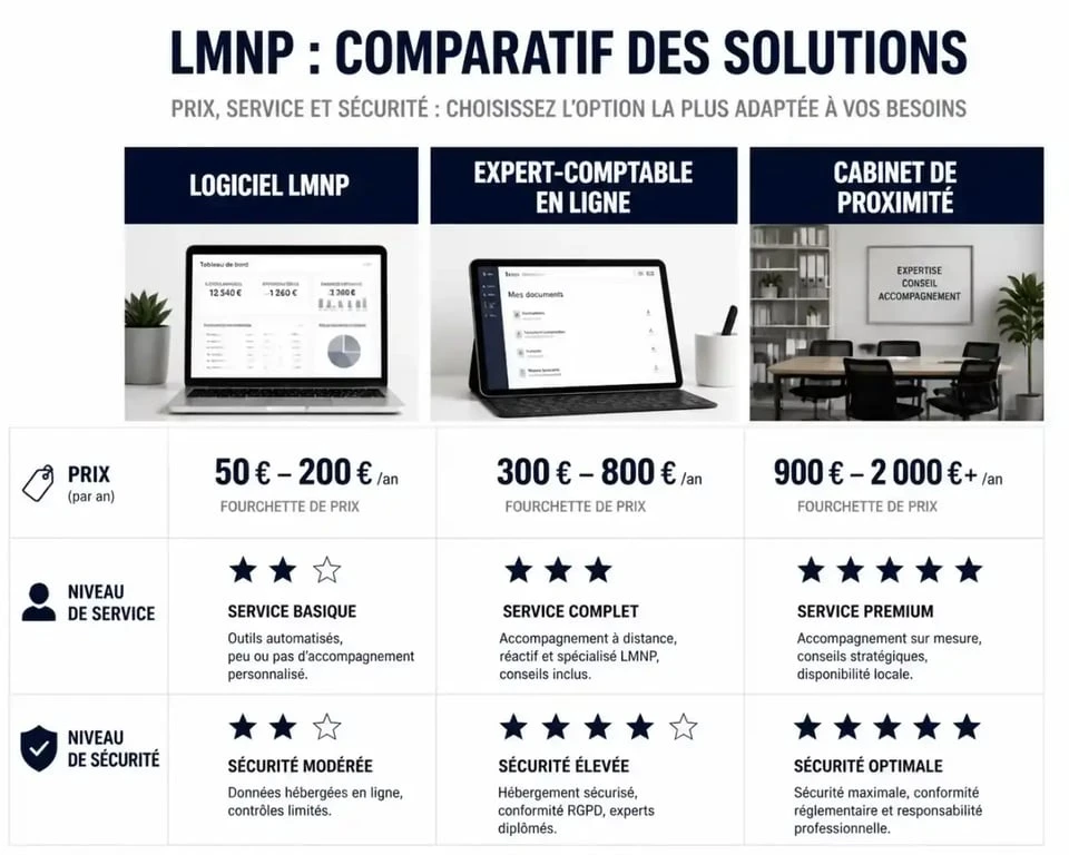Comparatif des tarifs et services d'un comptable LMNP : logiciel, cabinet en ligne ou expert-comptable de proximité.