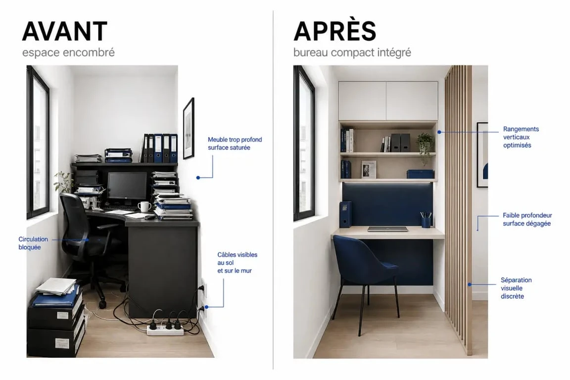 Bureau dans petit espace : avant et après un coin travail optimisé et rangé
