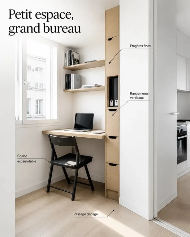 Bureau dans petit espace intégré dans un angle lumineux avec étagères murales