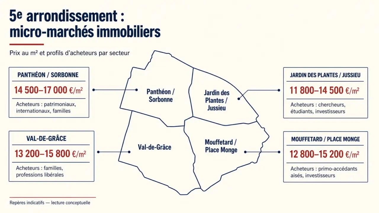 Chasseur immobilier paris 5 : carte éditoriale des quartiers du 5e et des prix au m²