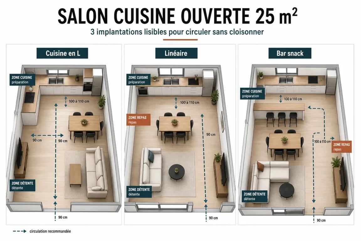 Salon cuisine ouverte 25m2 : comparaison visuelle des implantations et des dégagements à respecter