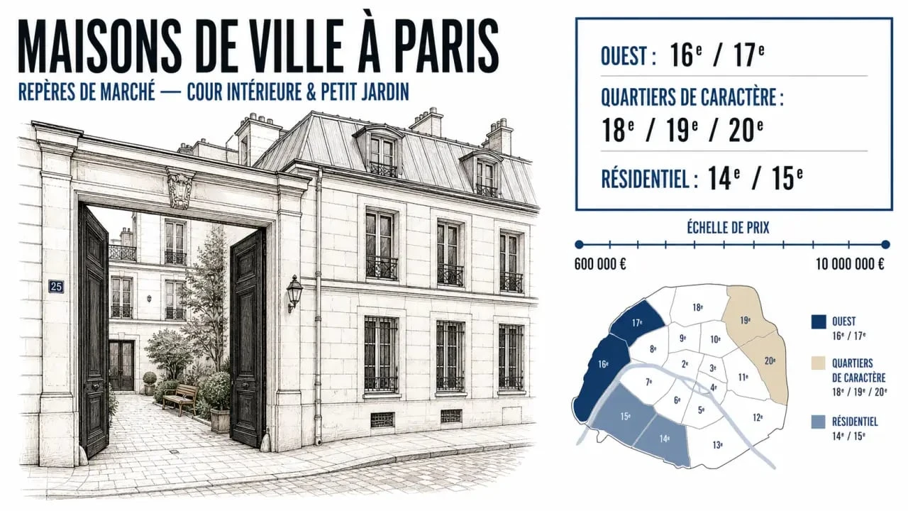 Maison a vendre paris : illustration éditoriale d’une maison de ville et repères de quartiers