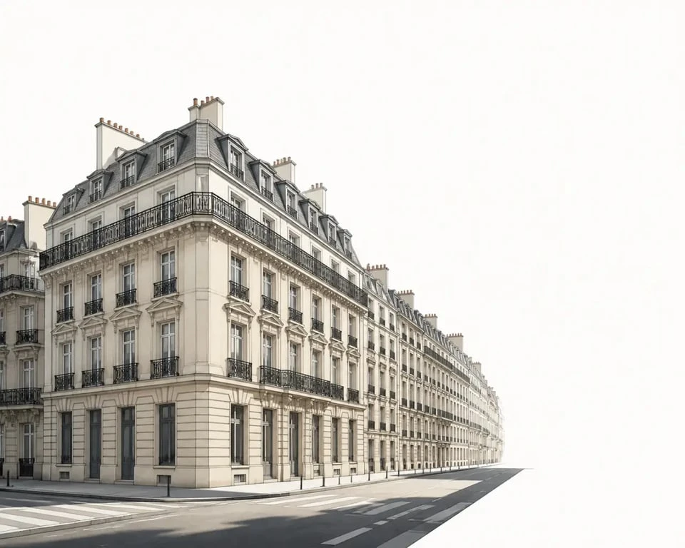 Immeubles haussmann : façade parisienne typique en pierre de taille avec balcon filant