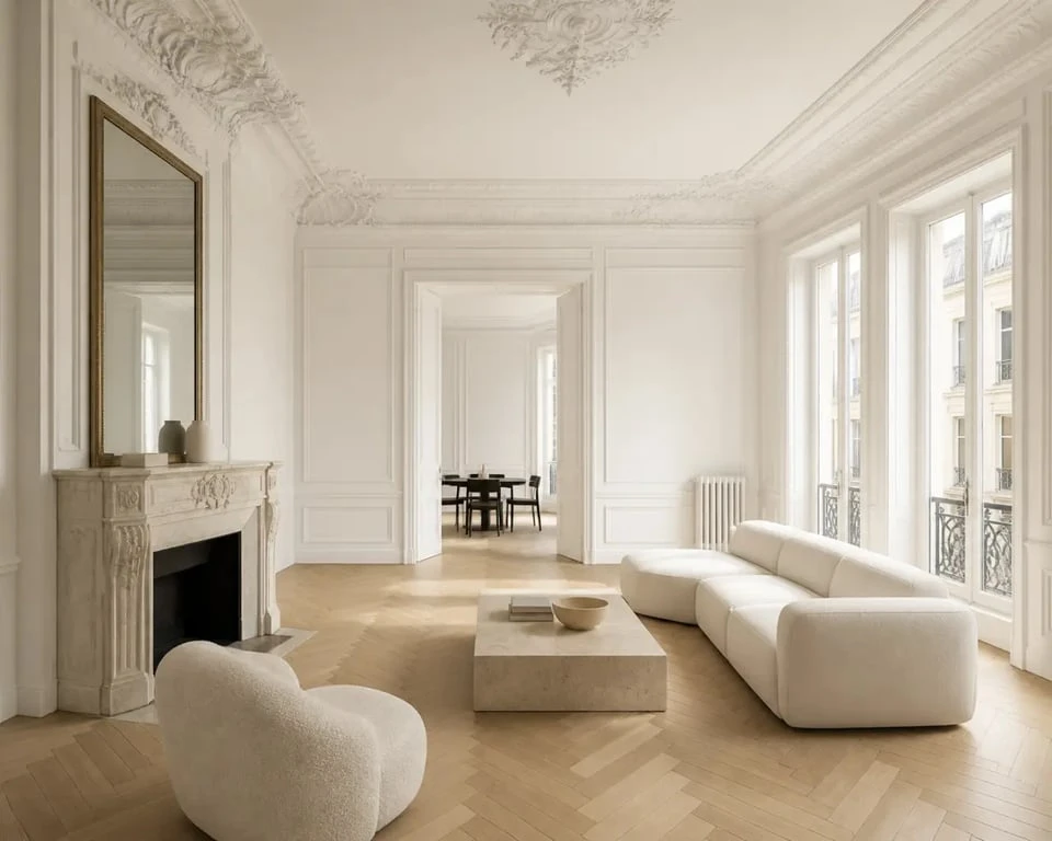 Intérieur de bâtiment haussmannien avec moulures, cheminée et parquet en point de Hongrie
