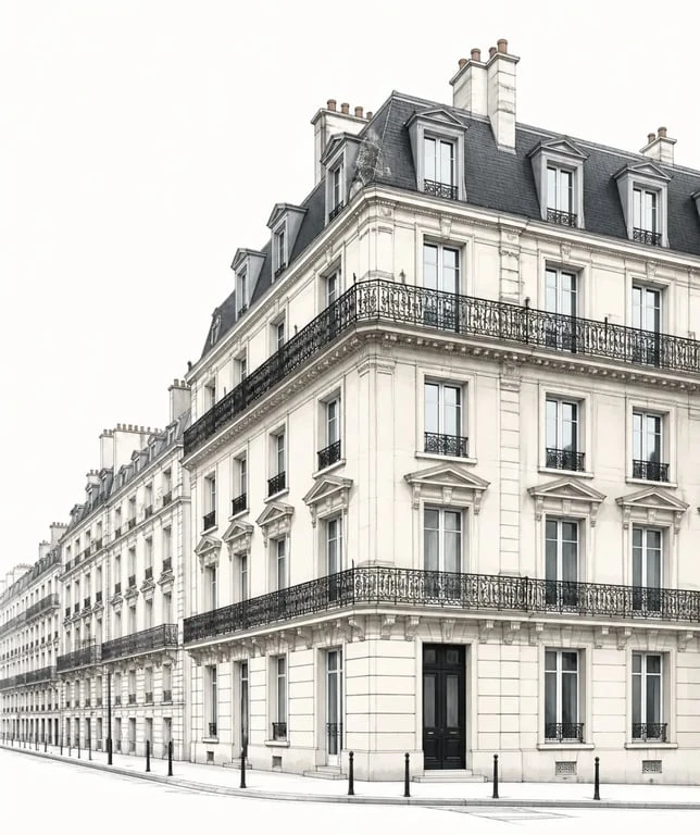 Bâtiment haussmannien à Paris avec façade en pierre de taille, balcons filants et toit mansardé