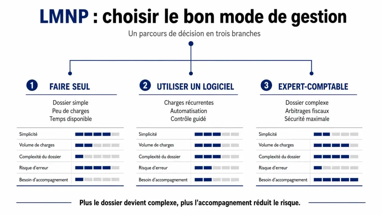 Schéma lmnp comptable pour choisir entre gestion seule, logiciel ou expert-comptable